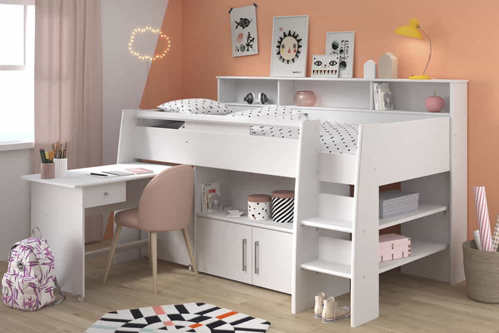 white mid sleeper bed with desk