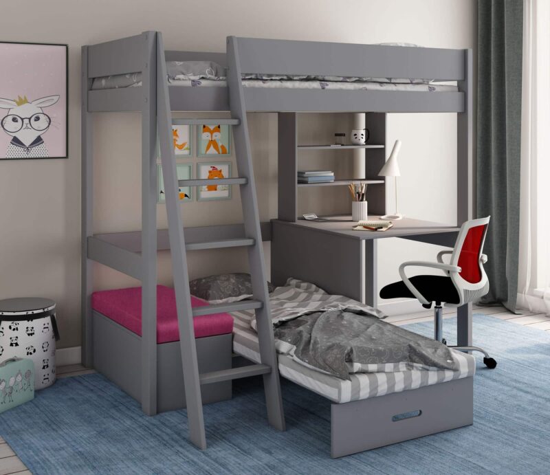 Kids Avenue Estella Grey High Sleeper Bed 6 with Desk & Pink Futon The Home and Office Stores