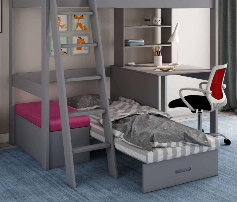 Kids Avenue Estella Grey High Sleeper Bed 6 with Desk & Pink Futon The Home and Office Stores