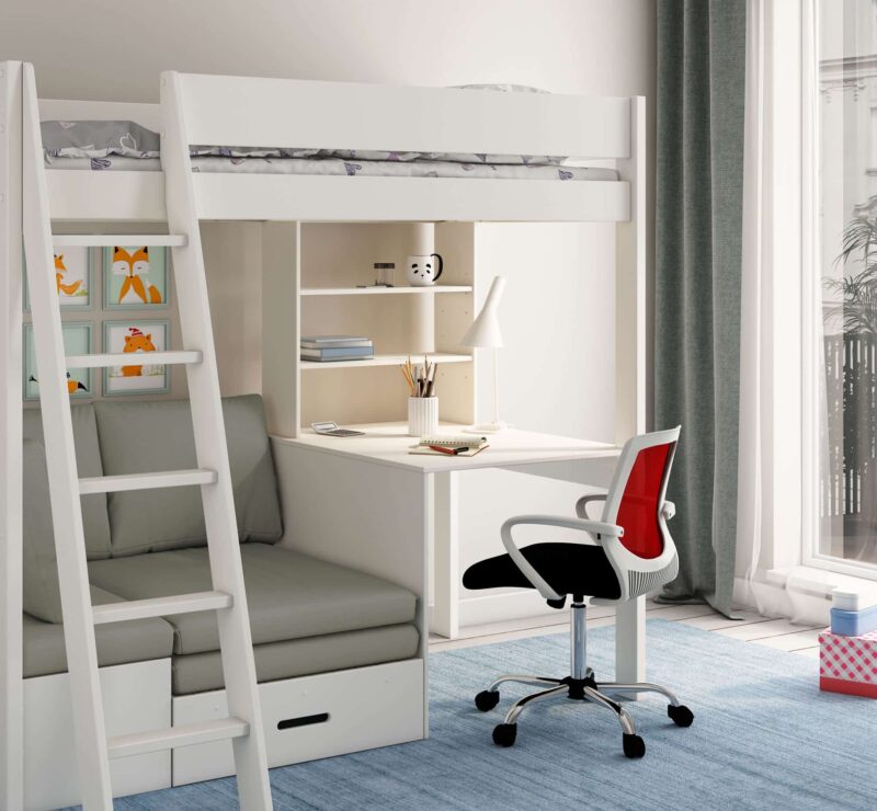 Kids Avenue Estella White High Sleeper Bed 1 with Desk & Silver Futon The Home and Office Stores
