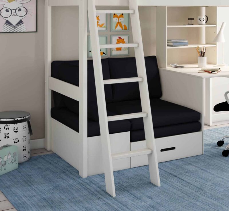 Kids Avenue Estella White High Sleeper Bed 2 with Desk & Black Futon The Home and Office Stores