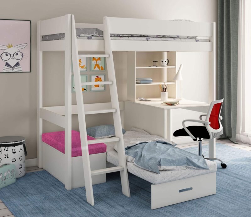 Kids Avenue Estella White High Sleeper Bed 3 with Desk & Pink Futon The Home and Office Stores