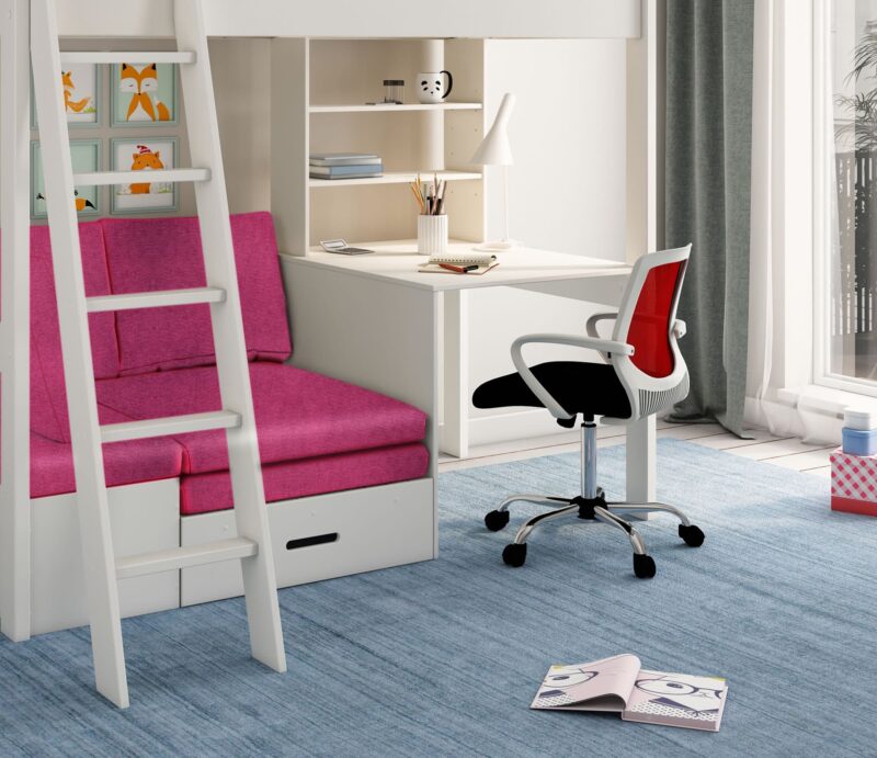 Kids Avenue Estella White High Sleeper Bed 3 with Desk & Pink Futon The Home and Office Stores
