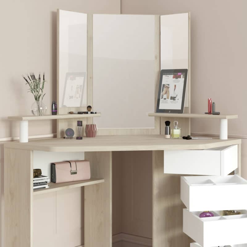 Parisot Beauty Bar Corner Dressing Table Oak and White The Home and Office Stores