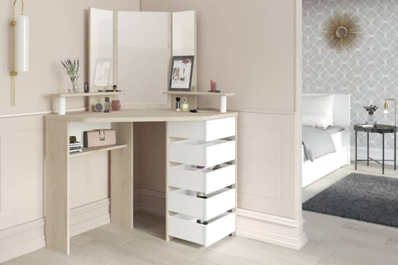 Parisot Beauty Bar Corner Dressing Table Oak and White The Home and Office Stores