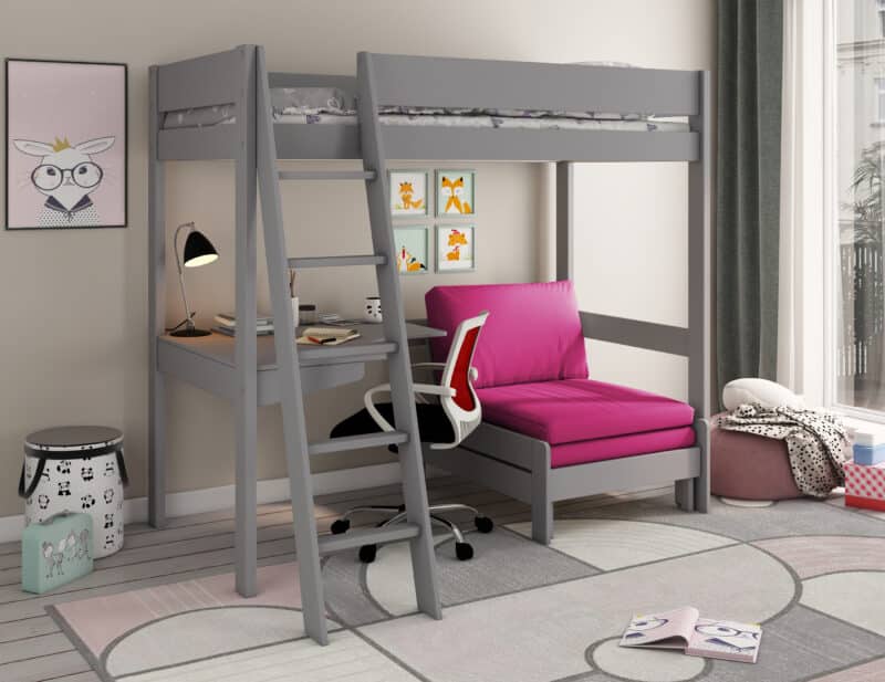 Kids Avenue Estella grey high sleeper bed 1 with pink sofabed