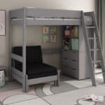 Kids Avenue Estella Grey High Sleeper Bed 2 with Black Sofabed Chest & Cube
