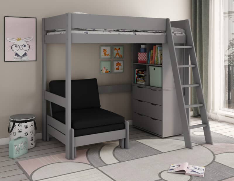 Kids Avenue Estella grey high sleeper bed 2 with black sofabed