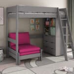 Kids Avenue Estella Grey High Sleeper Bed 2 with Pink Sofabed Chest & Cube