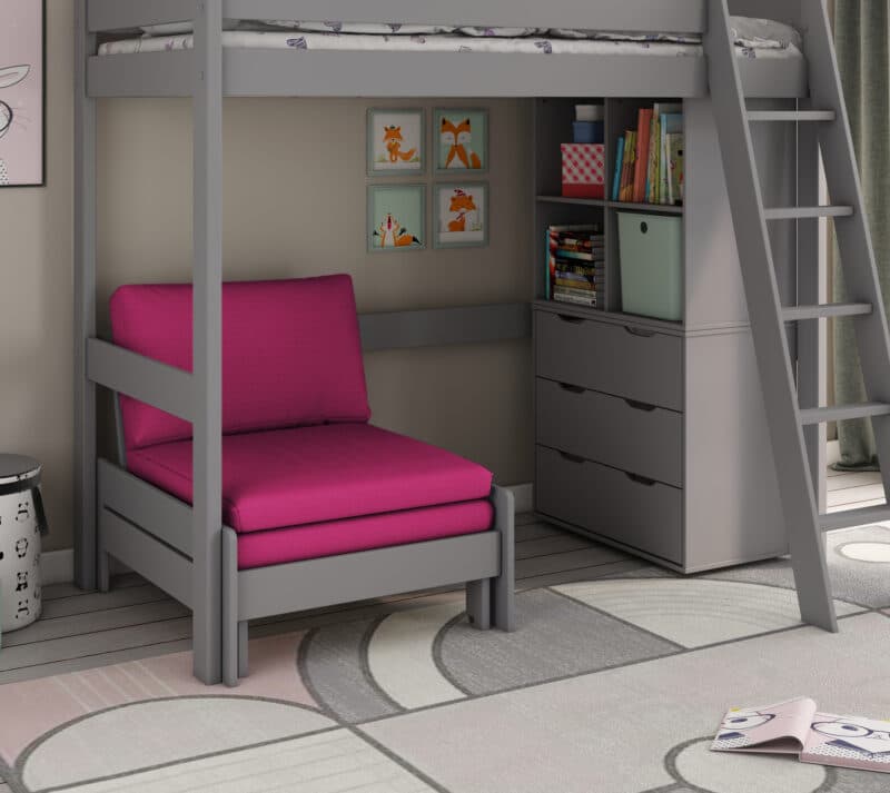 Kids Avenue Estella Grey High Sleeper Bed 2 with Pink Sofabed Chest & Cube The Home and Office Stores