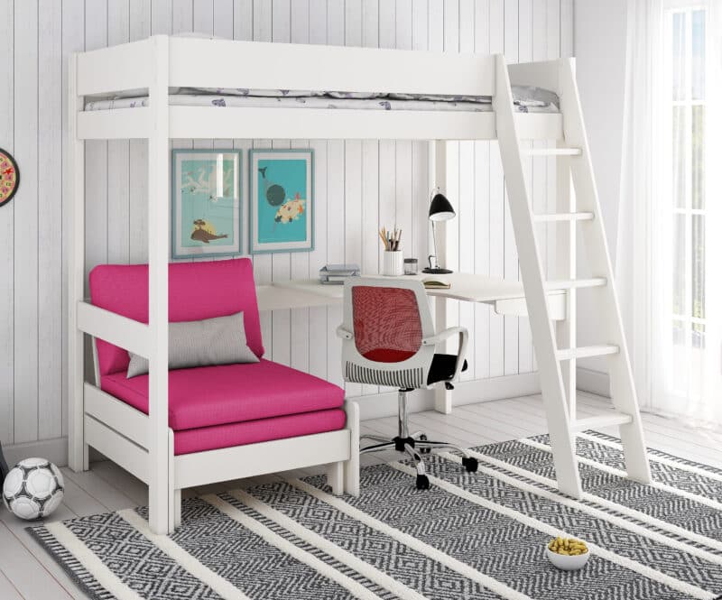 Kids Avenue Estella white high sleeper bed 4 with pink sofabed