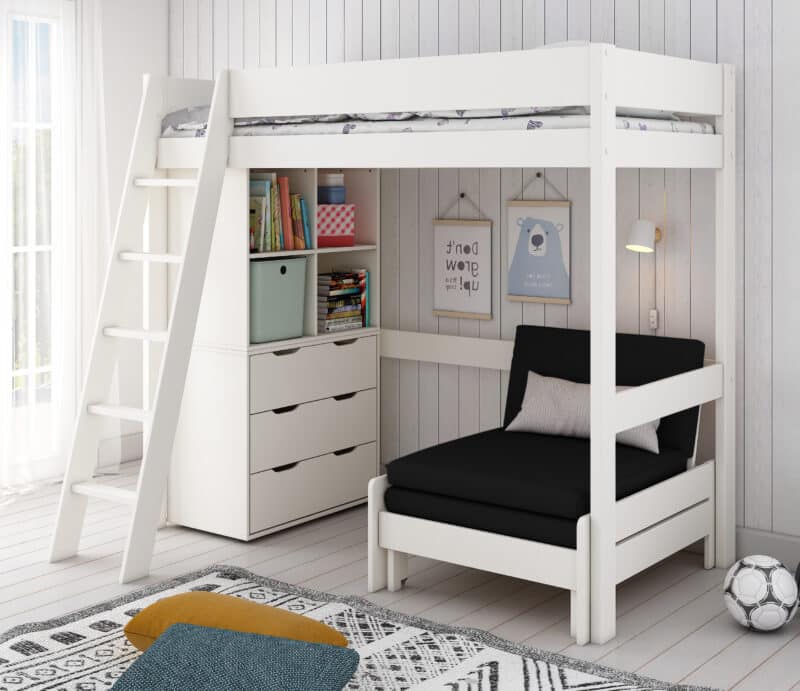 Kids Avenue Estella White High Sleeper Bed 5 with Black Sofabed Chest & Cube The Home and Office Stores