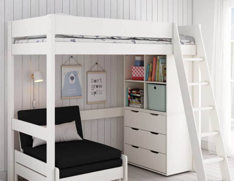 Kids Avenue Estella White High Sleeper Bed 5 with Black Sofabed Chest & Cube The Home and Office Stores