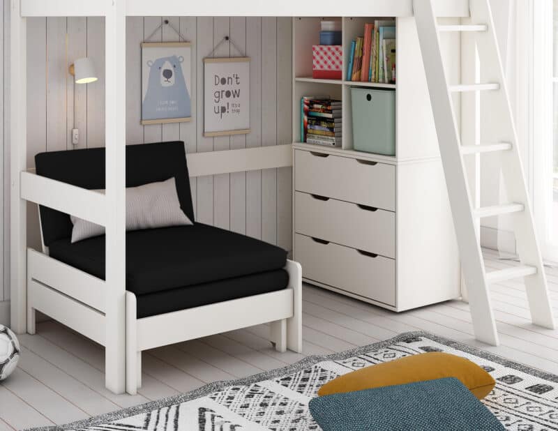 Kids Avenue Estella White High Sleeper Bed 5 with Black Sofabed Chest & Cube The Home and Office Stores