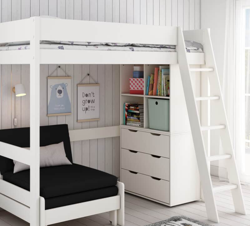 Kids Avenue Estella White High Sleeper Bed 5 with Black Sofabed Chest & Cube The Home and Office Stores