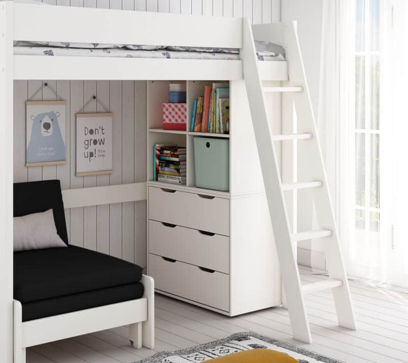 Kids Avenue Estella White High Sleeper Bed 5 with Black Sofabed Chest & Cube The Home and Office Stores