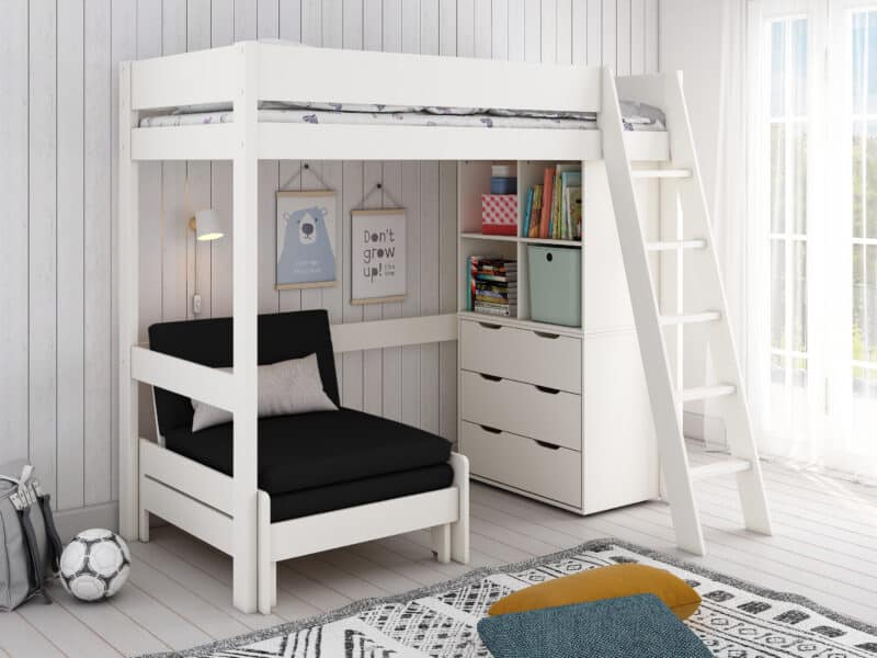 Kids Avenue Estella White High Sleeper Bed 5 with Black Sofabed Chest & Cube The Home and Office Stores