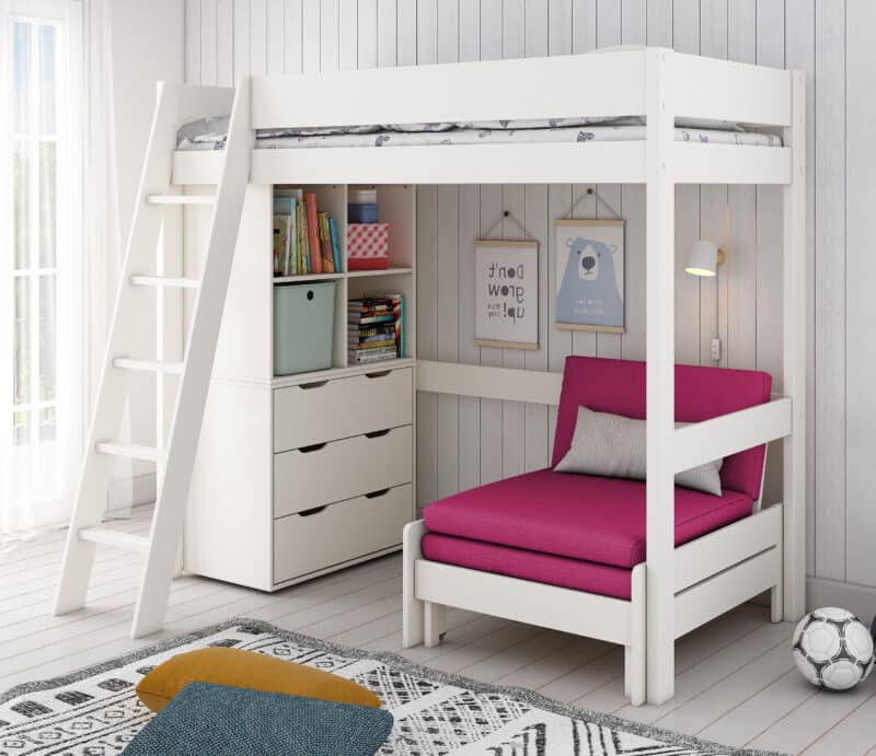 Kids Avenue Estella White High Sleeper Bed 5 with Pink Sofabed Chest & Cube The Home and Office Stores