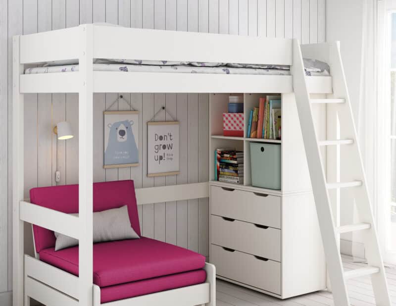 Kids Avenue Estella White High Sleeper Bed 5 with Pink Sofabed Chest & Cube The Home and Office Stores
