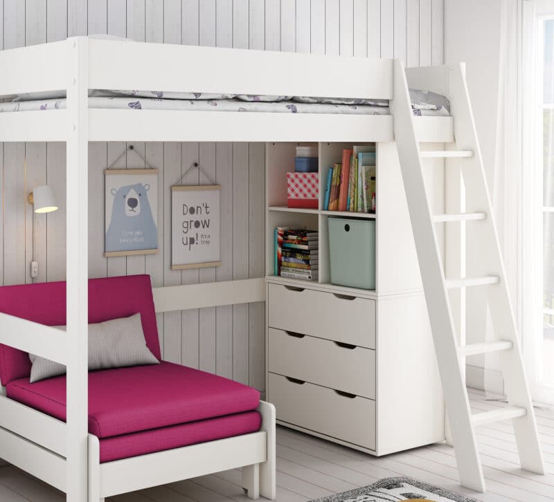 Kids Avenue Estella White High Sleeper Bed 5 with Pink Sofabed Chest & Cube The Home and Office Stores