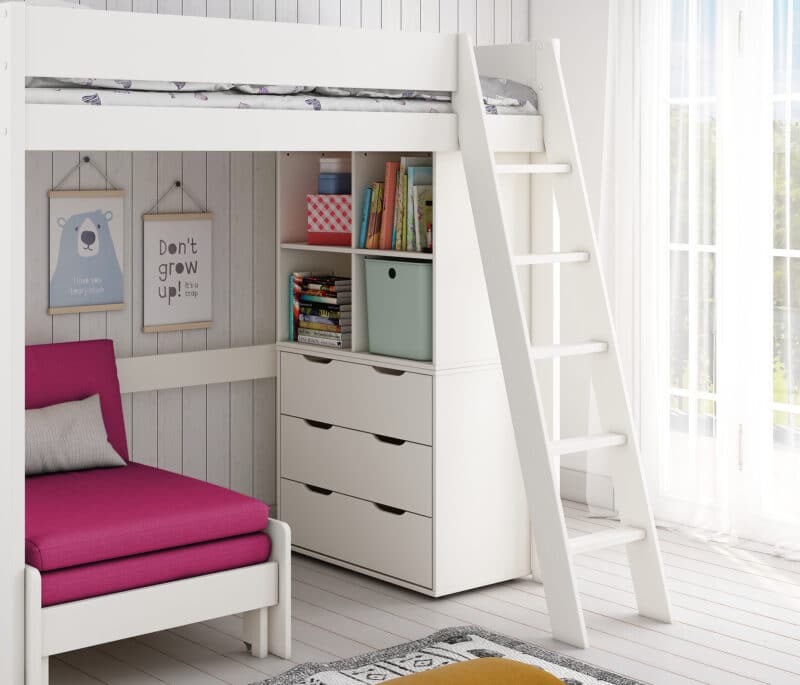 Kids Avenue Estella White High Sleeper Bed 5 with Pink Sofabed Chest & Cube The Home and Office Stores