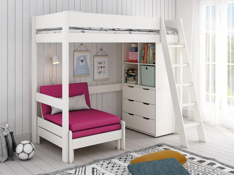Kids Avenue Estella White High Sleeper Bed 5 with Pink Sofabed Chest & Cube The Home and Office Stores
