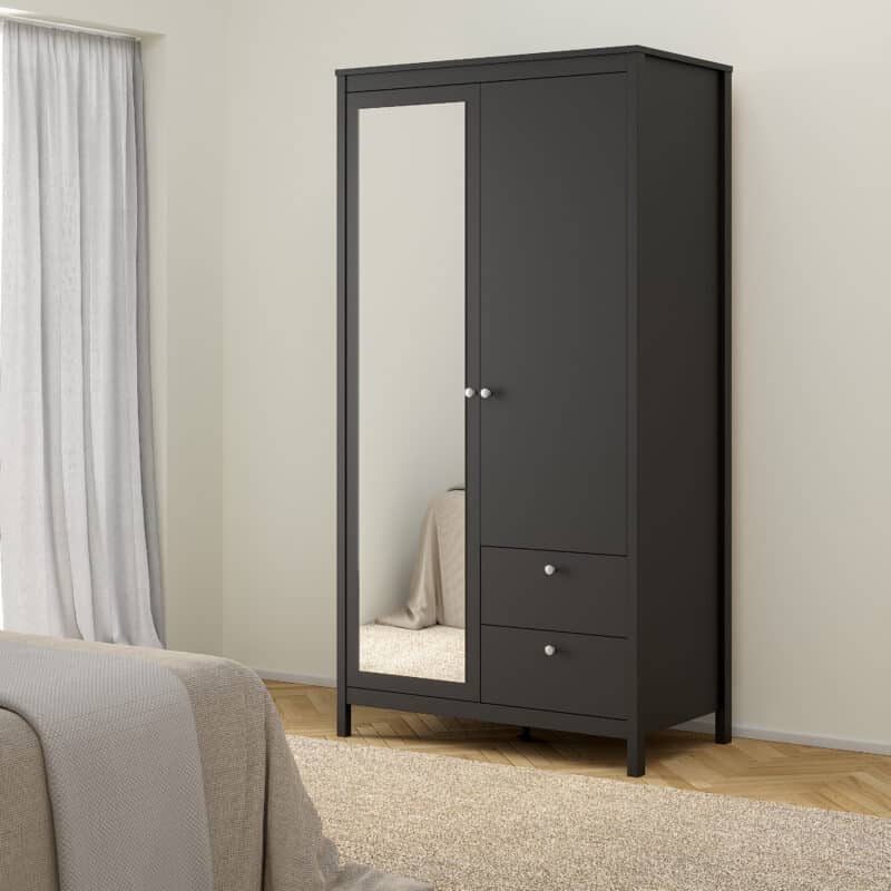 Furniture To Go Madrid 2 Door 2 Drawer Mirrored Wardrobe Matt Black The Home and Office Stores