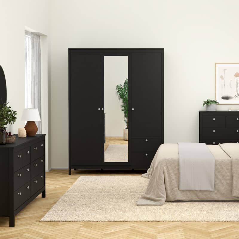 Furniture To Go Madrid 3 Door 2 Drawer Mirrored Wardrobe Matt Black The Home and Office Stores