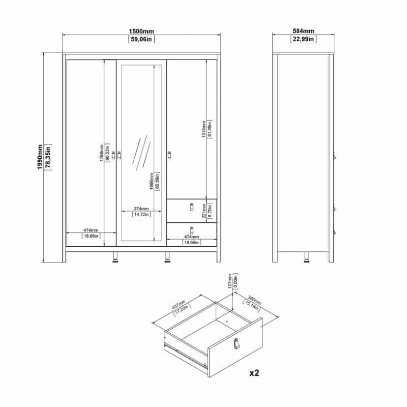Furniture To Go Madrid 3 Door 2 Drawer Mirrored Wardrobe Matt Black The Home and Office Stores