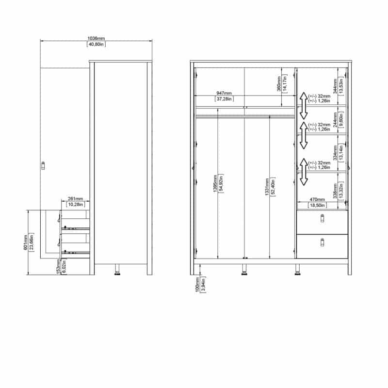 Furniture To Go Madrid 3 Door 2 Drawer Mirrored Wardrobe Matt Black The Home and Office Stores