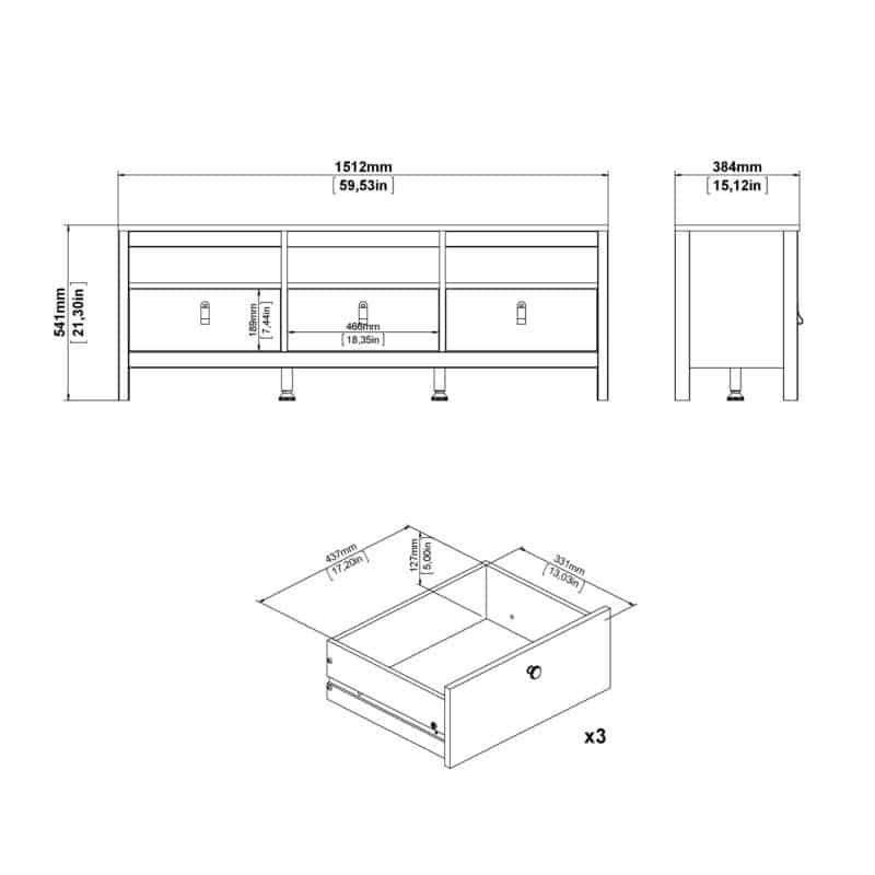 Furniture To Go Madrid TV Unit 3 Drawers Oak The Home and Office Stores