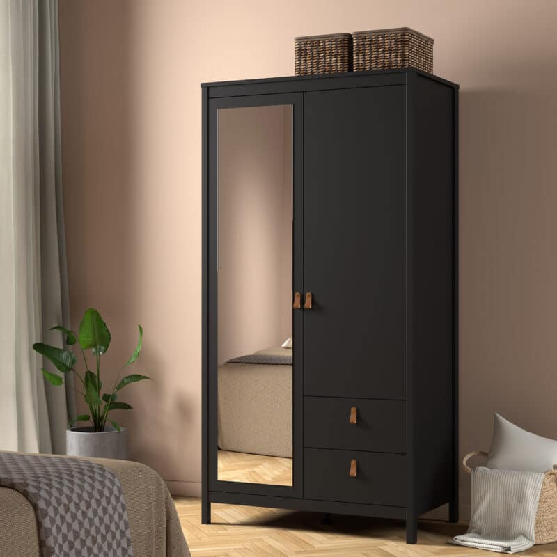 Furniture To Go Barcelona 2 Door 2 Drawer Mirrored Wardrobe Matt Black The Home and Office Stores