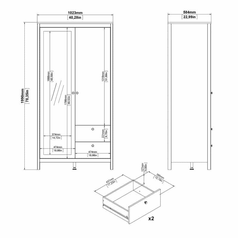 Furniture To Go Barcelona 2 Door 2 Drawer Mirrored Wardrobe Matt Black The Home and Office Stores