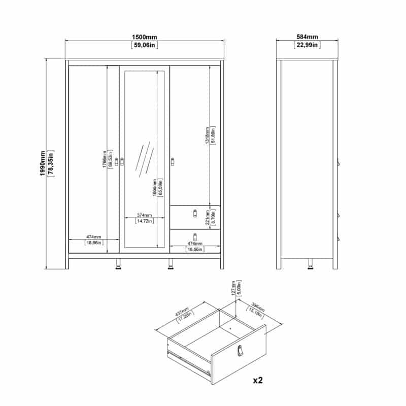 Furniture To Go Barcelona 3 Door 2 Drawer Mirrored Wardrobe Cashmere The Home and Office Stores