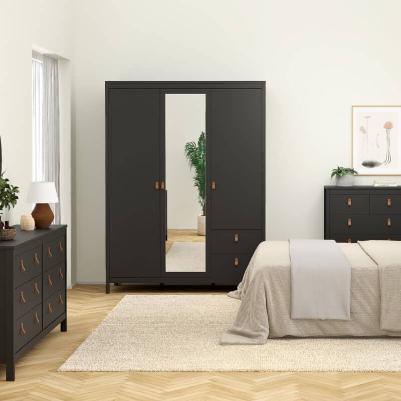 Furniture To Go Barcelona 3 Door 2 Drawer Mirrored Wardrobe Matt Black The Home and Office Stores