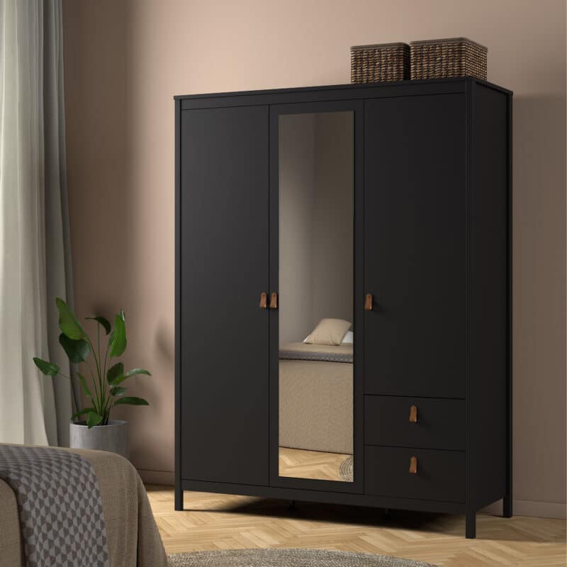 Furniture To Go Barcelona 3 Door 2 Drawer Mirrored Wardrobe Matt Black The Home and Office Stores