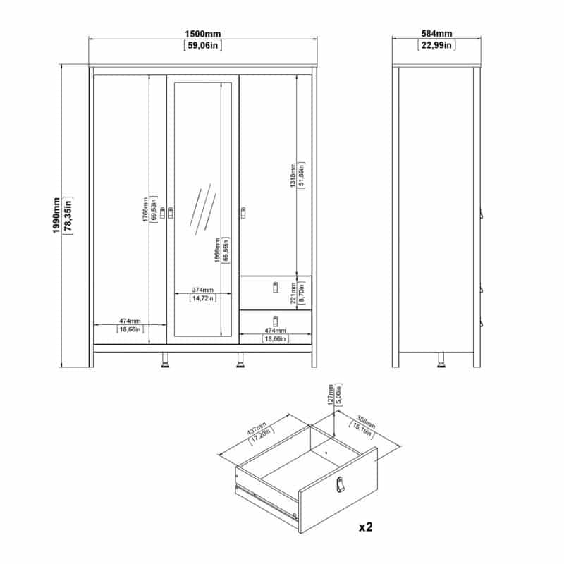 Furniture To Go Barcelona 3 Door 2 Drawer Mirrored Wardrobe Matt Black The Home and Office Stores