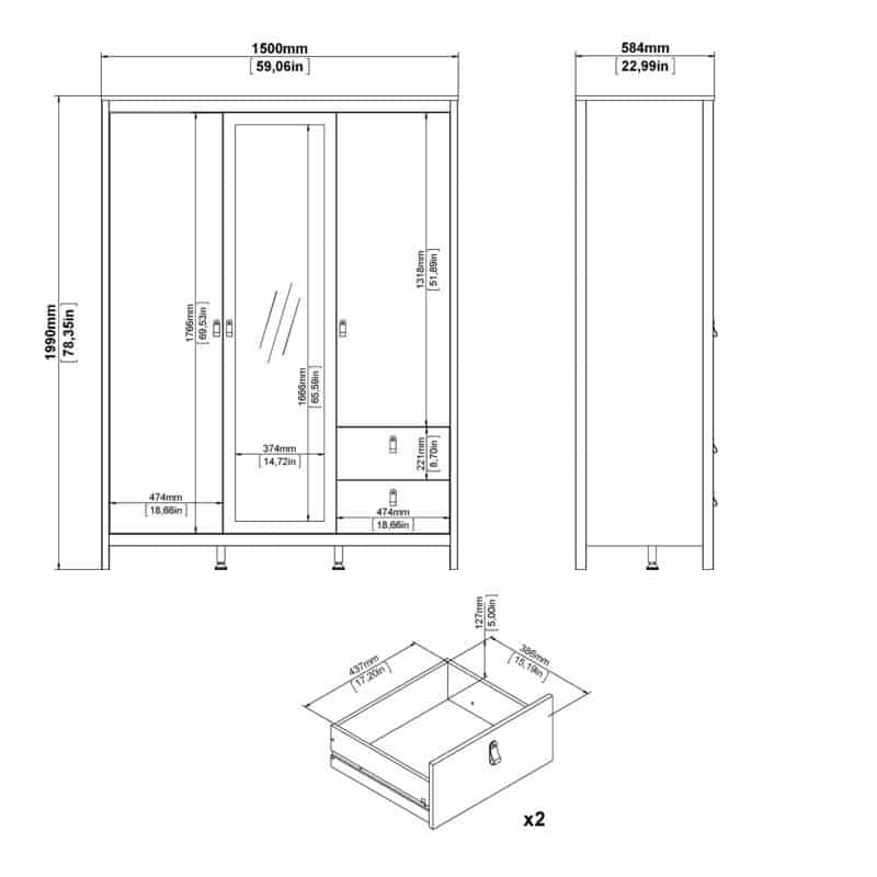 Furniture To Go Barcelona 3 Door 2 Drawer Mirrored Wardrobe White The Home and Office Stores