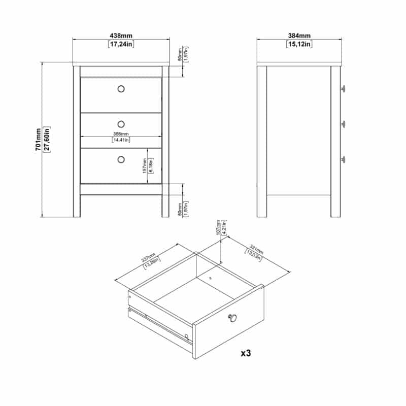 Furniture To Go Barcelona Bedside Table 3 Drawers Cashmere The Home and Office Stores