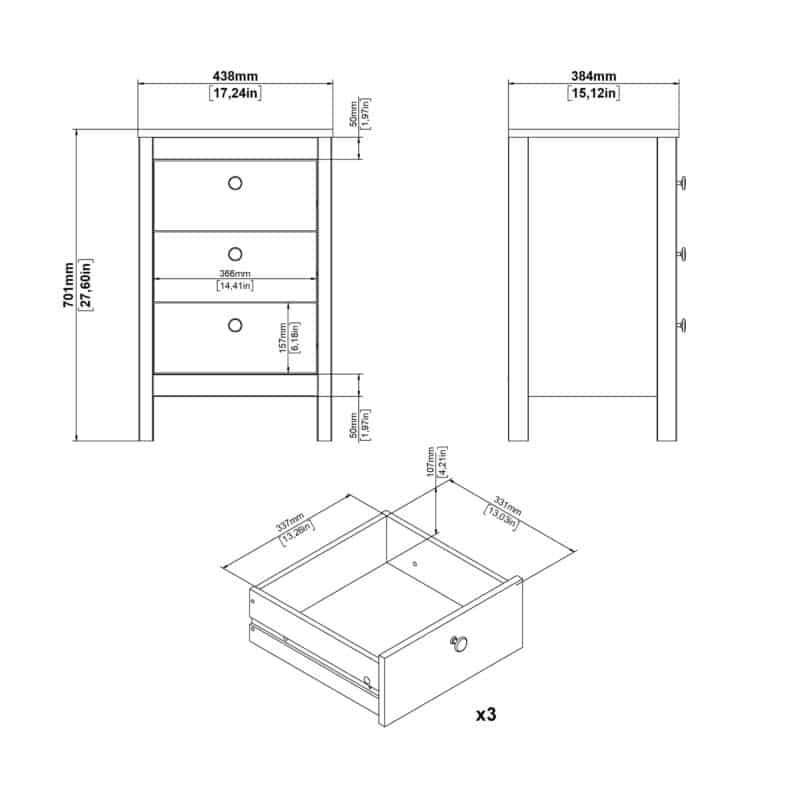 Furniture To Go Barcelona Bedside Table 3 Drawers Oak The Home and Office Stores