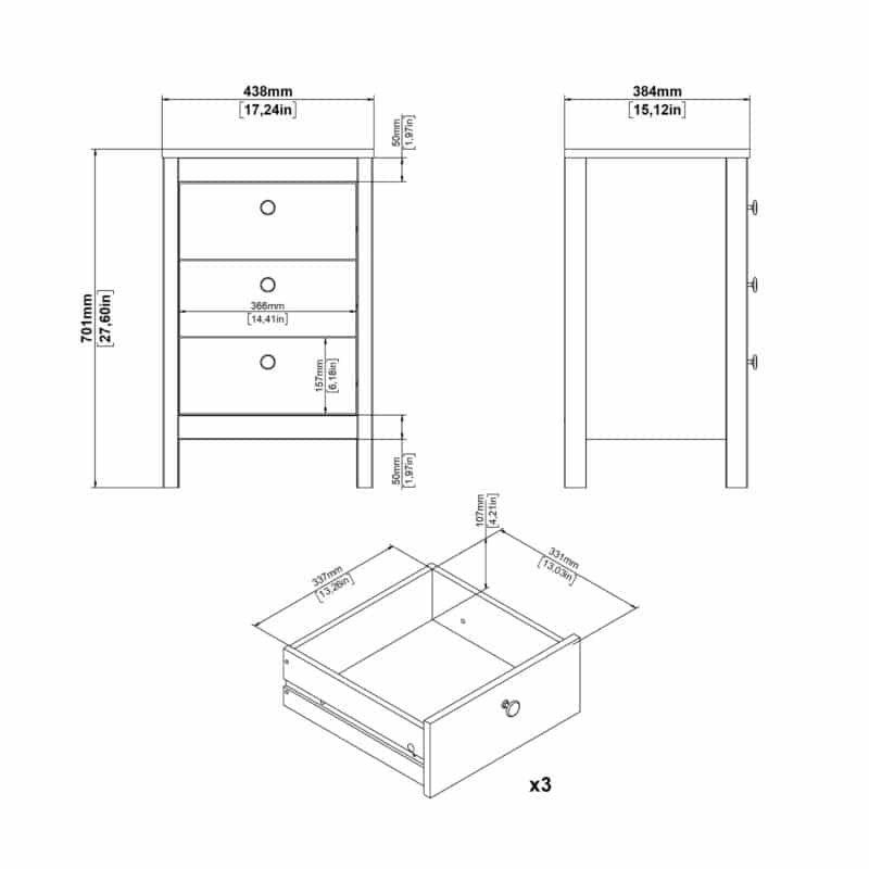 Furniture To Go Barcelona Bedside Table 3 Drawers White The Home and Office Stores