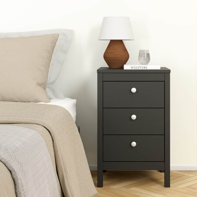 Furniture To Go Madrid Bedside Table 3 Drawers Matt Black The Home and Office Stores