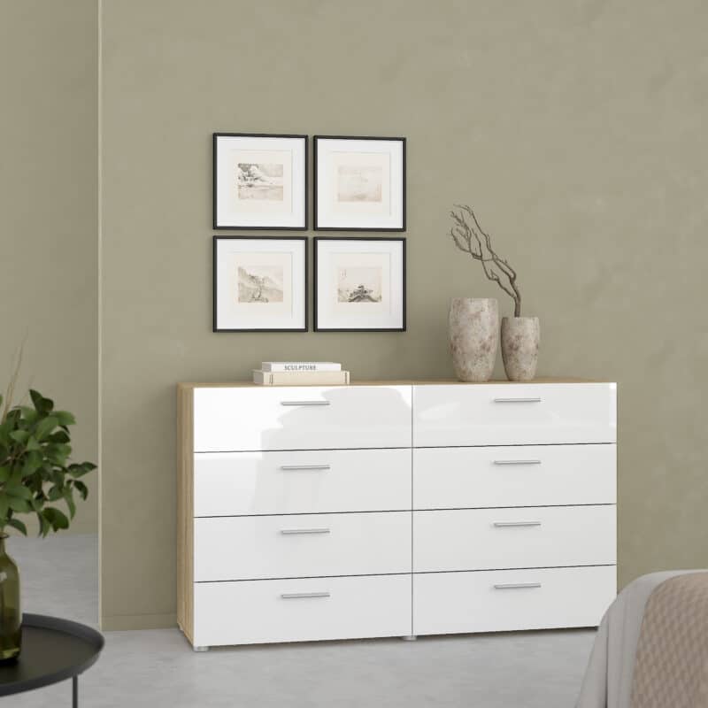 Furniture To Go Pepe Wide Chest Of 8 Drawers Oak White High Gloss The Home and Office Stores