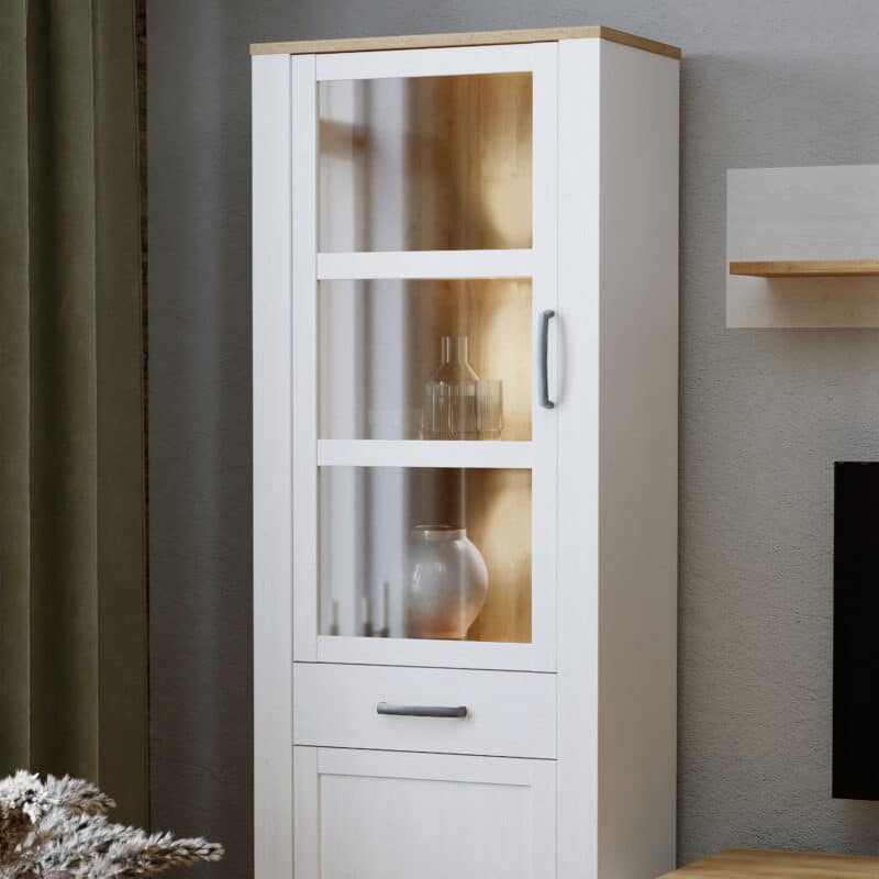 Furniture To Go Bohol 2 Door 1 Drawer Narrow White Display Cabinet With LED Lighting The Home and Office Stores