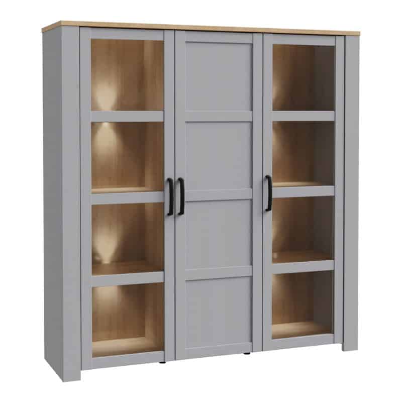Furniture To Go Bohol 3 door large grey display cabinet with led lighting