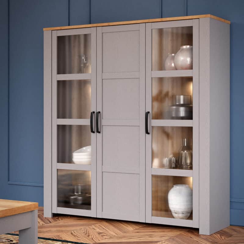 Furniture To Go Bohol 3 Door Large Grey Display Cabinet With LED Lighting The Home and Office Stores