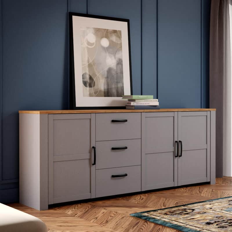 Furniture To Go Bohol Wide 3 Door 3 Drawer Grey Sideboard The Home and Office Stores