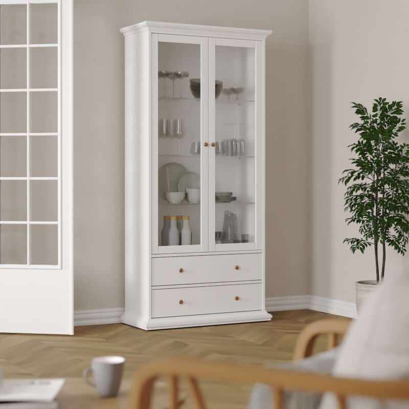 Furniture To Go Paris China Cabinet 2 Glass Doors 2 Drawers White The Home and Office Stores