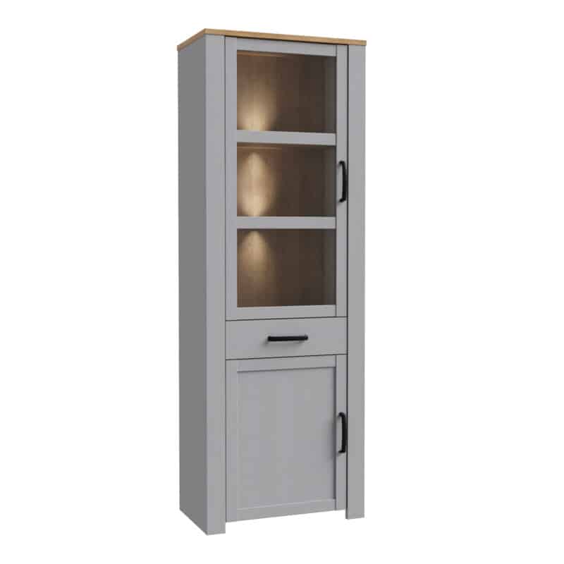 Furniture To Go Bohol 2 door 1 drawer narrow grey display cabinet with led lighting