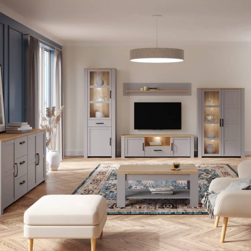 Furniture To Go Bohol 2 Door 1 Drawer Narrow Grey Display Cabinet With LED Lighting The Home and Office Stores